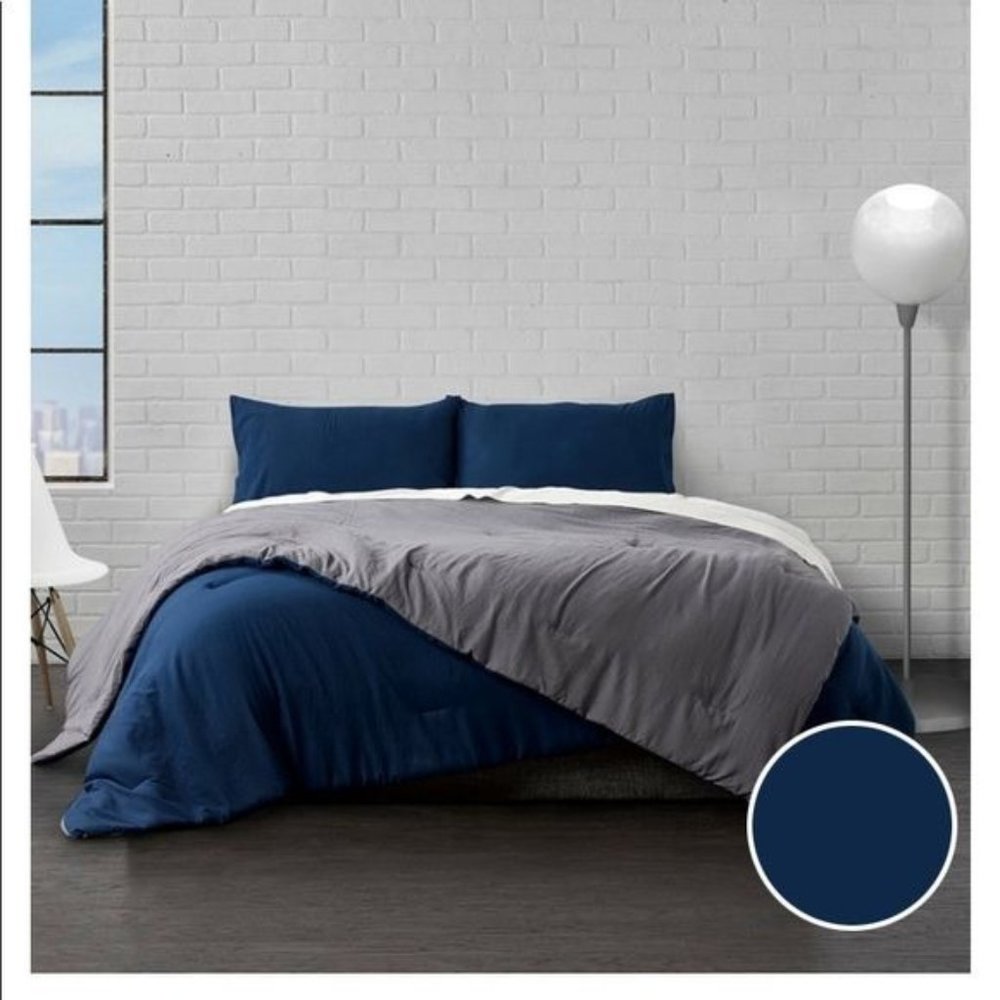 Ella Jayne Reversible Brushed Microfiber Comforter 3 Piece Set. Navy/Charcoal